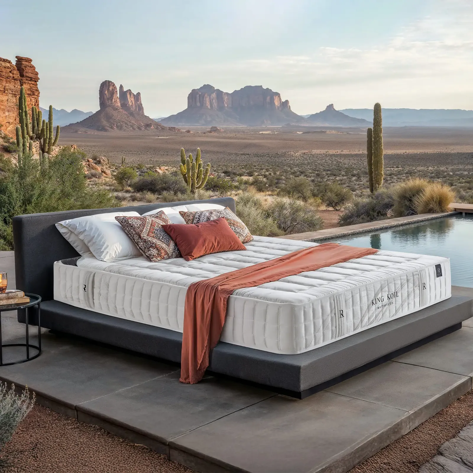 Matelas Sublime de la collection Reserve Luxury, sur une terrasse face au désert